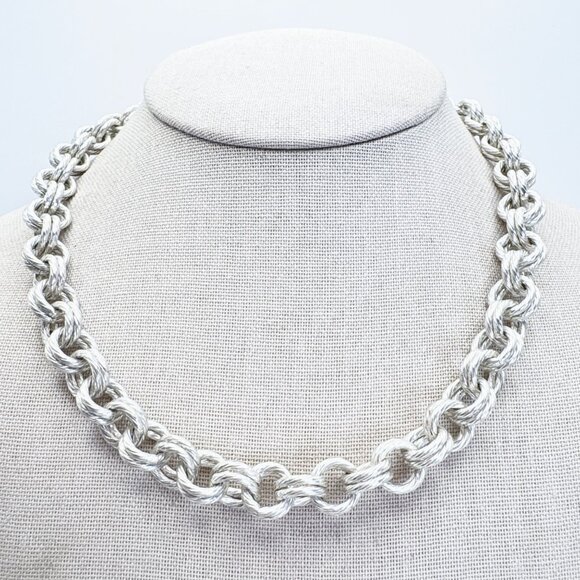Sterling Silver 925 Chunky Round Double Link Chain Necklace Size 17.5" Length - Picture 1 of 11